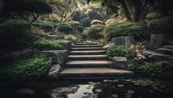 ein still Szene von ein formal Garten mit Stein Treppe generiert durch ai foto