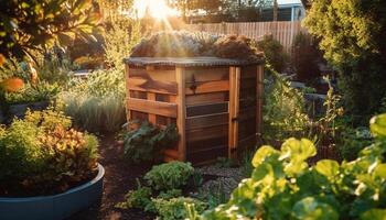 frisch Honig von organisch Bienenzucht im ein ländlich Gemüse Garten generiert durch ai foto