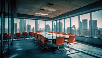 leeren modern Büro mit Blau Stühle und Glas Wolkenkratzer Hintergrund generiert durch ai foto