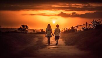 Familie Spaziergänge auf Strand beim Sonnenuntergang, genießen Natur und Zusammengehörigkeit generiert durch ai foto