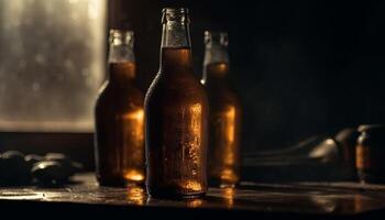 dunkel Bier Flasche auf nass Tisch, schaumig trinken mit Frische generiert durch ai foto