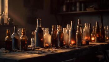 dunkel Wein Flasche auf alt hölzern Tisch, Verbrennung Kerze glühend generiert durch ai foto