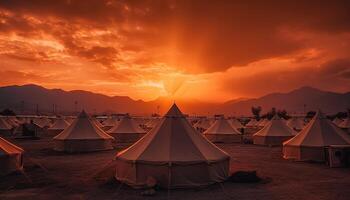 Camping im das still Berg Wiese, genießen das Sonnenuntergang Hitze generiert durch ai foto