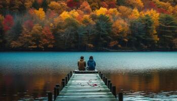 jung Paar Gehen im heiter Herbst Wald, genießen still Schönheit generiert durch ai foto