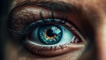 Blau Augen Frau starren beim Kamera mit selektiv Fokus schließen oben generiert durch ai foto