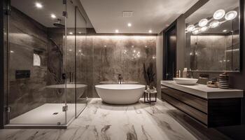 komfortabel inländisch Badezimmer mit elegant Marmor Bodenbelag und modern Design generiert durch ai foto