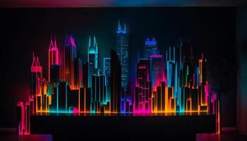 Neon- Stadt Horizont leuchtet mit beschwingt Farben und futuristisch die Architektur generiert durch ai foto