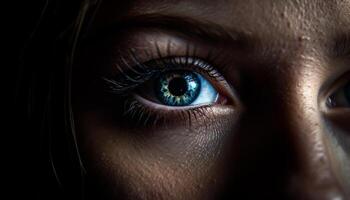 Schönheit im Blau jung Frauen starren beim Tier Auge Betrachtung generiert durch ai foto