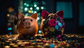 Rosa Schweinchen Bank leuchtet mit Reichtum im Studio generiert durch ai foto