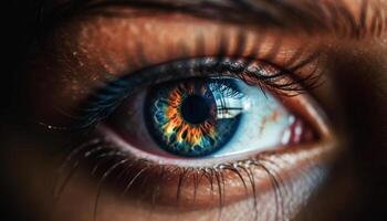 Blau Augen Frauen starren beim Kamera, Makro Aussicht von Mensch Auge generiert durch ai foto