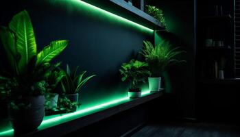 modern Wohnung mit hell Beleuchtung, Grün Pflanzen, und Technologie generiert durch ai foto