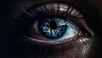 Blau Augen Schönheit starren in Linse, selektiv Fokus auf Iris generiert durch ai foto