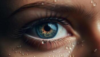 frisch konfrontiert jung Frau starren mit Blau Augen, nass mit Betrachtung generiert durch ai foto