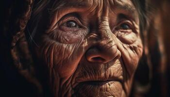 einer heiter Senior Frau suchen draußen mit Weisheit und Glück generiert durch ai foto