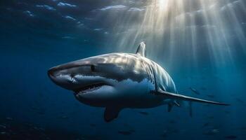 majestätisch unter Wasser Riese, Manta Strahl, Schwimmen mit Scheu inspirierend Bewegung generiert durch ai foto