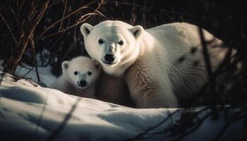 flauschige Arktis Säugetier spielen im Schnee, suchen beim Kamera generiert durch ai foto