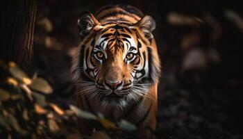 Bengalen Tiger starren, majestätisch und gefährlich im das tropisch Wald generiert durch ai foto