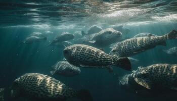 majestätisch Meer Schildkröte Schwimmen im tief Blau Pazifik Wasser generiert durch ai foto