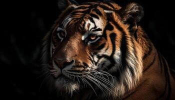 majestätisch Bengalen Tiger starren mit Aggression im tropisch Regenwald generiert durch ai foto