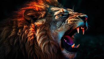 majestätisch Löwe brüllend mit Wut, zeigen Scharf Zähne und Zunge generiert durch ai foto