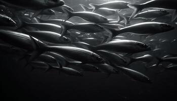 ein Schule von Makrele schwimmen im das dunkel unter Wasser Ökosystem generiert durch ai foto