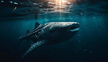 majestätisch Delfin Tauchen in tief Blau unter Wasser Riff, gefährdet Spezies generiert durch ai foto