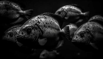 Schule von Fisch Schwimmen im das tief, dunkel Karibik Wasser generiert durch ai foto