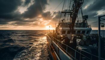industriell Schiff Segel in Sonnenuntergang, Transportieren Ladung Behälter auf Wasser generiert durch ai foto