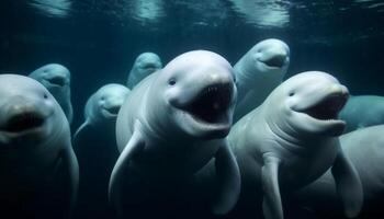 lächelnd Siegel Familie spielerisch Schwimmen im Blau unter Wasser Abenteuer generiert durch ai foto