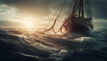 Segeln Schiff auf Blau Wasser, Sonnenuntergang, Mast, Seil, Abenteuer generiert durch ai foto