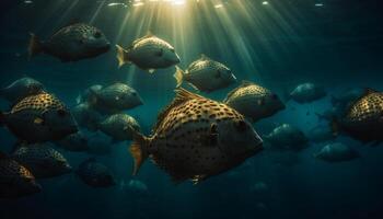 bunt Schule von Fisch schwimmen im majestätisch unter Wasser Riff Landschaft generiert durch ai foto