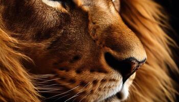 majestätisch Löwe starren, schließen oben Porträt von ein groß Katze generiert durch ai foto