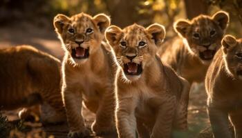 Gelb Sonnenuntergang auf Savanne, Löwe Familie gähnt, Zähne im Fokus generiert durch ai foto
