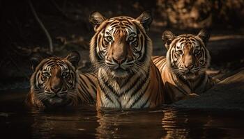 starren Bengalen Tiger, gestreift katzenartig, Aggression im Natur Tierwelt Reservieren generiert durch ai foto