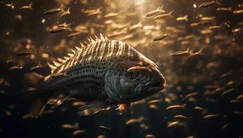 Scharf Zähne von Gelb Fisch im dunkel unter Wasser Bewegung generiert durch ai foto