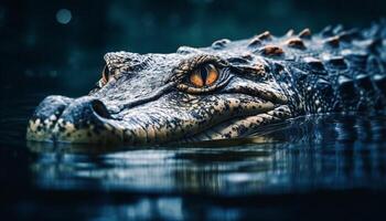 groß Krokodil im das Sumpf, aggressiv mit Scharf Zähne unter Wasser generiert durch ai foto