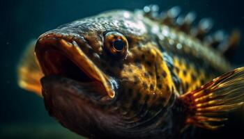 Scharf Zähne von Gelb Fisch im frisches Wasser Riff, unter Wasser generiert durch ai foto