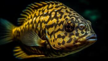 multi farbig Fisch im tropisch Riff, schließen oben von gestreift Tier Flosse generiert durch ai foto