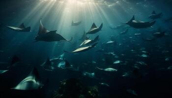 majestätisch unter Wasser Landschaft mit ein Schule von Fisch und Manta Strahl generiert durch ai foto