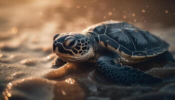 schleppend kriechen Schildkröte, mit schön multi farbig Hülse, Gehen auf Sand generiert durch ai foto