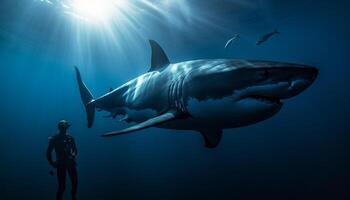 Schwimmen mit majestätisch Salzwasser Fisch im tief Blau Riff Abenteuer generiert durch ai foto