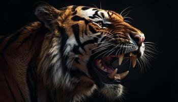 schließen oben Porträt von majestätisch Bengalen Tiger starren mit Wut generiert durch ai foto