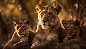 Löwin und Jungen im das Savanne, majestätisch Schönheit im Natur generiert durch ai foto