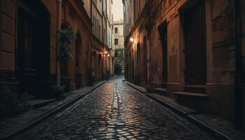 mittelalterlich Italienisch Stadt Straße beleuchtet durch Laternen beim Dämmerung generiert durch ai foto