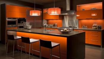 modern inländisch Küche Design mit Luxus Haushaltsgeräte und elegant Beleuchtung generiert durch ai foto