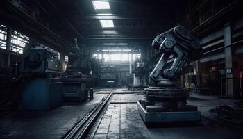 Roboter Waffen Bewegung Stahl auf Produktion Linie Innerhalb Metall Fabrik generiert durch ai foto