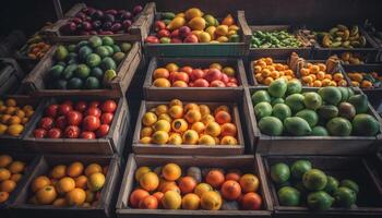 Fülle von saftig, frisch, organisch Früchte im ein Supermarkt Verkauf generiert durch ai foto