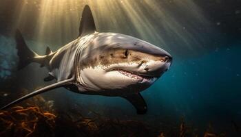 majestätisch Riese Salzwasser Fisch Schwimmen im tief Blau tropisch Wasser generiert durch ai foto