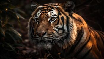 gefährdet groß Katze starren, schließen oben Porträt von majestätisch Tiger generiert durch ai foto
