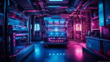 futuristisch Maschinen leuchtet das modern Nachtclub mit Blau Beleuchtung Ausrüstung generiert durch ai foto